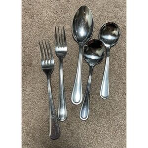 8 Piece Tress Style Stainless Serving Spoon & Dinner Forks & Soup Spoons Vtg